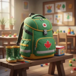 A child-sized ergonomic backpack with reflective safety strips, perfect for the first day of kindergarten in Canada.