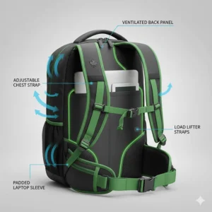 Diagram of a laptop backpack for university students showing ergonomic airflow back panels and adjustable chest straps for heavy campus walks.