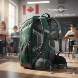 Ergonomic school backpack under $40 with adjustable padded straps and lumbar support to prevent back strain in students.