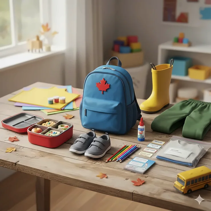 A flat lay of essential Canadian kindergarten supplies including a backpack, lunch box, and indoor shoes on a wooden desk.