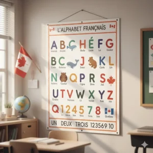 A classroom poster showing the French alphabet with Canadian-themed icons for immersion learners.