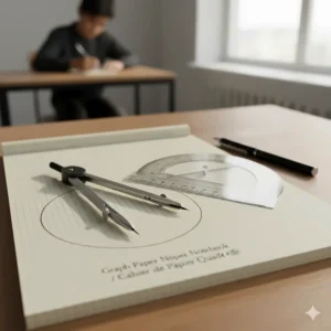 Geometry set with a compass and protractor laid over a graph paper notebook for secondary school math students.