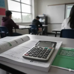 A graphing calculator placed next to a Grade 9 de-streamed math workbook, following Ontario Ministry of Education exam guidelines.