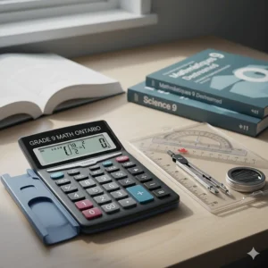 A high-school-level scientific calculator required for the Ontario Grade 9 de-streamed math curriculum, shown next to a geometry set.