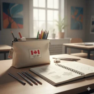 Art supplies for Ontario Grade 9 Visual Arts (AVI1W) including sketchbooks, graphite pencils, and a reusable Canadian-made supply pouch.