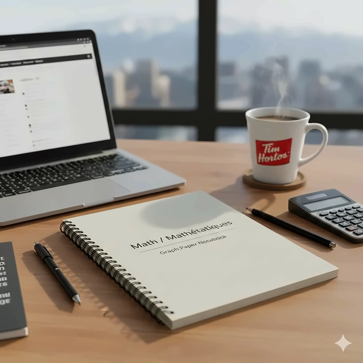 A premium spiral-bound graph paper notebook for math students on a desk with a laptop and coffee, ideal for Canadian high school and university STEM courses.