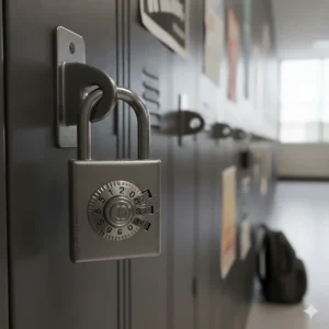 A heavy-duty Dudley or Master Lock combination lock, a standard requirement for Ontario secondary school lockers.