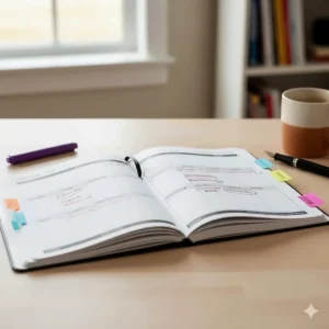 An illustrated 2-page spread of an academic planner for high school students showing Canadian statutory holidays like Family Day and Victoria Day.