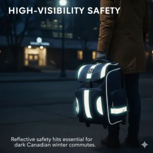 Illustration of reflective safety hits on a student rolling bag, essential for dark Canadian winter mornings and commutes.
