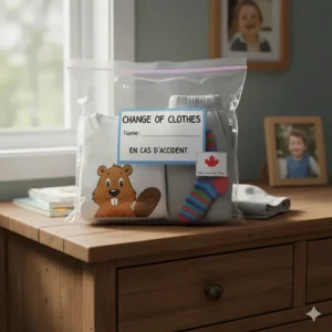 A spare set of clothes packed in a labeled bag, a staple item on every first day of kindergarten supplies list.