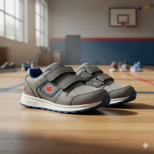 A pair of non-marking velcro running shoes, a common requirement on Canadian kindergarten supply lists for gym use.