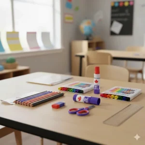 A set of primary school stationery featuring thick HB pencils, washable markers, and a glue stick for a kindergarten classroom.
