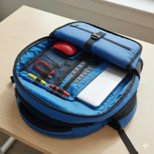 Detailed illustration of a tech-ready backpack for high school students with a padded sleeve for a 15-inch laptop and tablet.