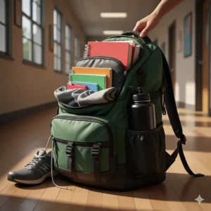 A large-capacity backpack for high school students holding gym clothes, textbooks, and a reusable water bottle.