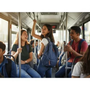 Illustration of a high school student using a backpack for high school students while commuting on public transit.