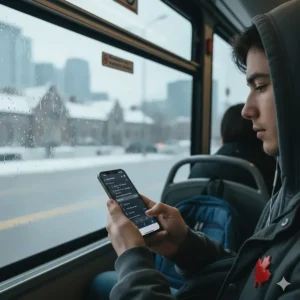A smartphone displaying a calculus calculator app used by a student on a transit commute in a Canadian city.