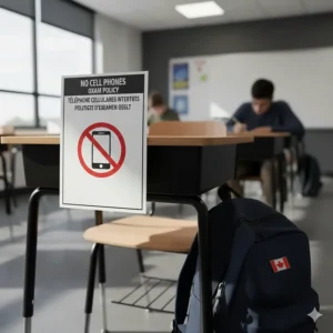 A "No Cell Phones" sign next to a backpack, illustrating Ontario provincial exam rules for prohibited electronics during the OSSLT.