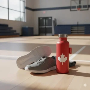 Physical Education gear for a Grade 9 student including a reusable water bottle and non-marking indoor shoes for a Canadian school gymnasium.