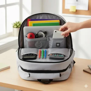 Interior diagram of a backpack for high school students showing organized compartments for pens, calculators, and notebooks.