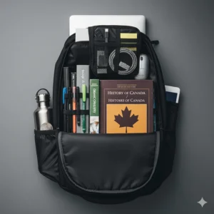 A top-down view of a laptop backpack for university students showing organized compartments for a MacBook, Canadian textbooks, and chargers.