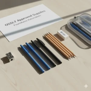 An organized flat lay of OSSLT exam supplies including blue or black pens, HB pencils, and an eraser for the Ontario literacy test.