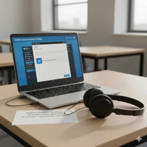 A modern laptop displaying the EQAO digital assessment platform with a pair of wired headphones for the OSSLT's text-to-speech feature.