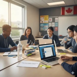 A clean student desk in an Ontario classroom showing a water bottle (no label) and the OSSLT exam supplies allowed list items.