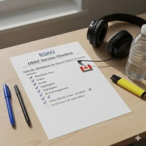 A checklist graphic featuring the OSSLT exam supplies allowed list to help Ontario Grade 10 students prepare for test day.