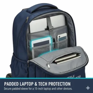 Internal view of a rolling backpack for students with back problems featuring a padded sleeve for a 15-inch MacBook or PC.