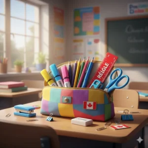A pencil case organized with French immersion school supplies like highlighters and a "Règle" (ruler).