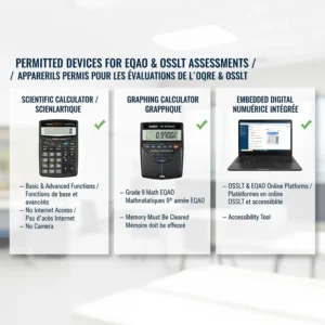 An infographic showing the types of handheld scientific and graphing calculators allowed on EQAO math assessments in Ontario schools.
