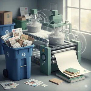 Illustration of the recycling process transforming Canadian post-consumer paper waste into high-quality recycled paper notebooks.