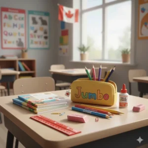 Primary grade French immersion school supplies including thick pencils and erasers labeled "Gomme."
