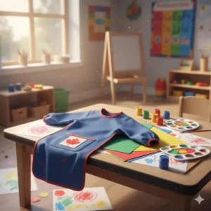 A long-sleeved art smock and a pack of construction paper for creative projects in a Canadian "maternelle" or kindergarten class.