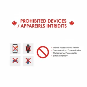Diagram showing prohibited features on Ontario exams, such as calculators with internet access or integrated communication functions.