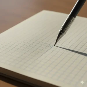 Close-up of blue quad-ruled lines on 5mm graph paper notebook for precise geometry and algebra equations.