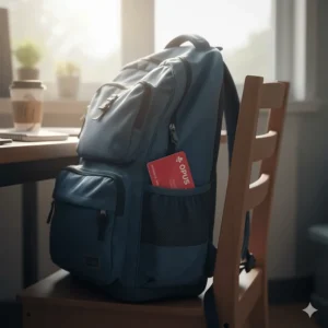 A sturdy backpack next to a Quebec OPUS transit card, highlighting essentials for commuting to CEGEP campuses.