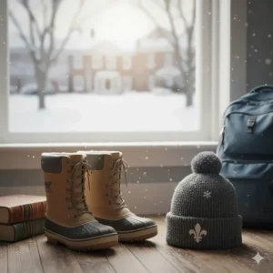 Illustration of warm winter boots and a toque, necessary "off-list" supplies for navigating Quebec CEGEP campuses in January.