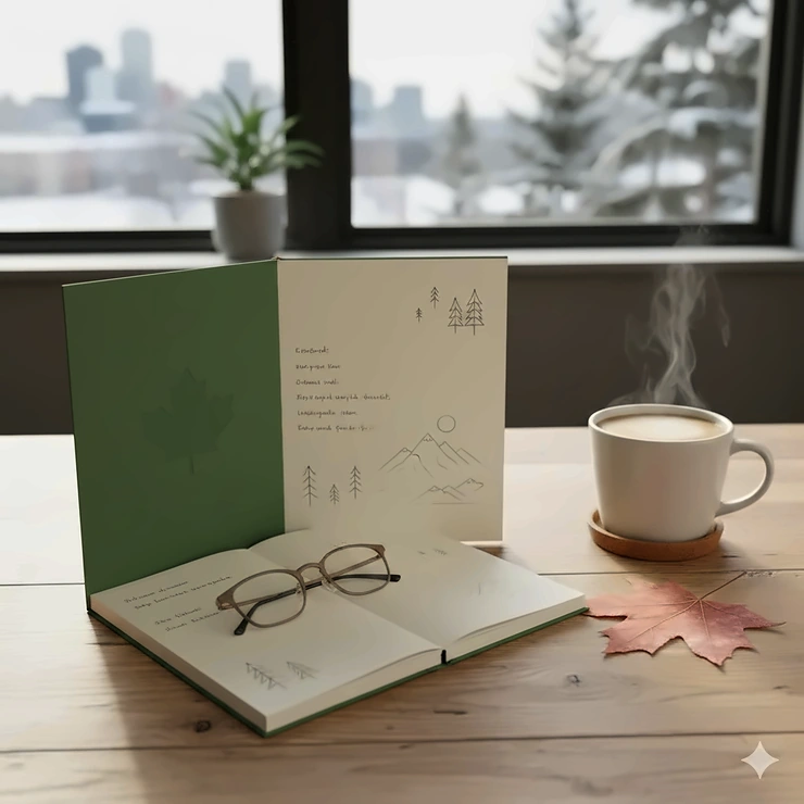A sustainable recycled paper notebook on a wooden desk next to a maple leaf and a cup of coffee, perfect for eco-conscious Canadian students and professionals.