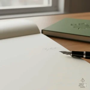Close-up illustration showing the smooth, premium writing surface of 100% recycled paper notebooks designed for fountain pens and pencils.