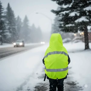 A bright reflective waterproof rain cover for school bags to ensure visibility during dark Canadian winter mornings.