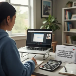 An Ontario student participating in a remote EQAO session with a physical calculator visible on their desk as per provincial proctoring rules.