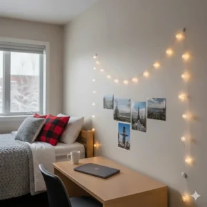 Warm string lights and personal photos hung on a dorm wall using removable hooks, creating a cozy Canadian student living space.