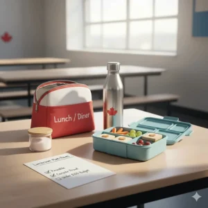 BPA-free Canadian lunch containers and a reusable water bottle, essential for a complete back to school kit under $100.