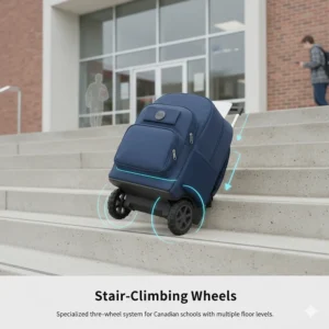 Illustration of a specialized three-wheel system on a rolling bag designed for Canadian schools with multiple floor levels.