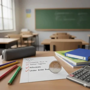 A Canadian one-dollar coin (Loonie) next to a checklist of complete back to school supplies under $100 to emphasize savings.
