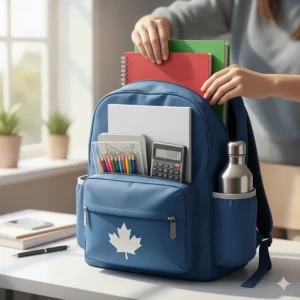 A stylized illustration of a backpack being filled with essential Canadian school gear like a geometry set and loose-leaf paper.