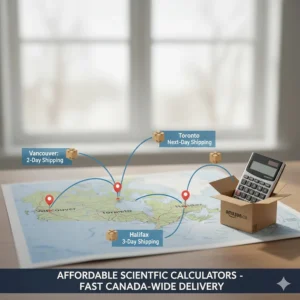 A stylized map of Canada showing fast shipping icons for affordable scientific calculators ordered in Vancouver, Toronto, and Halifax.