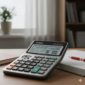 A graphic displaying complex trigonometry and fraction functions available on scientific calculators priced under $50 in Canada.