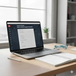 A laptop or Chromebook on a desk with a digital version of the Ontario Grade 9 supplies checklist, representing modern digital learning.